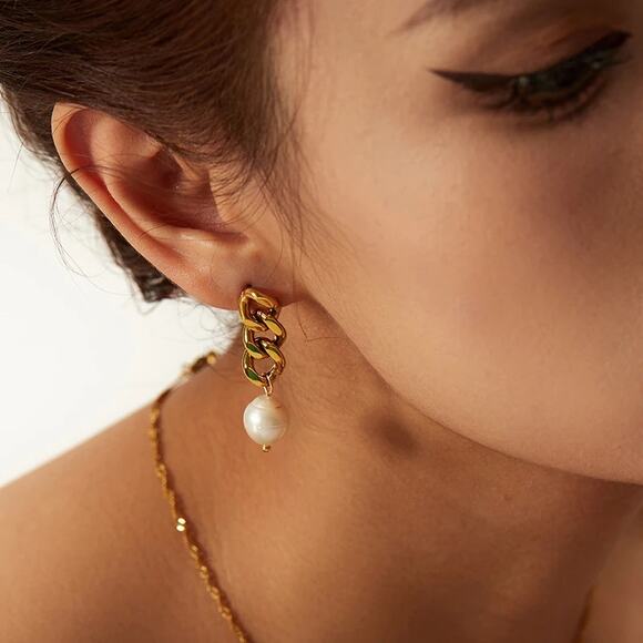 Baroque Freshwater Pearl Drop 18K Gold‎ Earrings Stainless Steel - Picture 5 of 13
